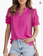 To The Fullest Split Neck Blouse - Hot Pink - FINAL SALE OLIV-001